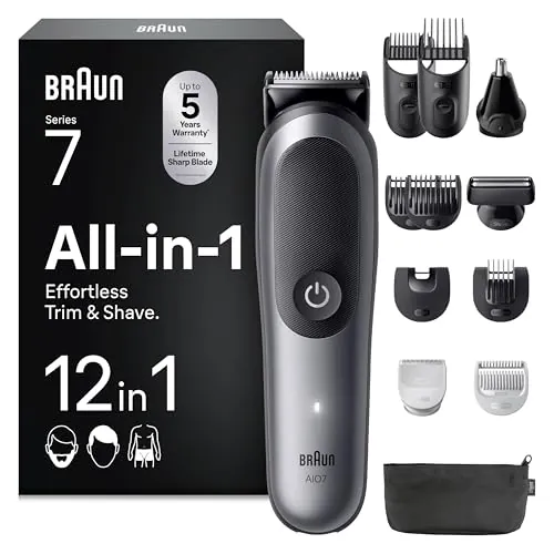 Braun Recortadora Todo en Uno Series 7 AIO7545, Kit de Styling 12en1 para Barba, Pelo, Orejas, Nariz Y Cuerpo, 14 Longitudes, 120 Min de Autonomía, Gris, El Embalaje Puede Variar