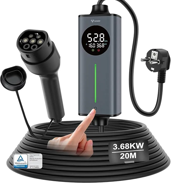 GONEO Cargador vehiculo electrico Tipo 2 3,68kw 16A schuko Tipo 2 20M monofásico | Sensor de Temperatura y Tierra detección,AC 30mA+DC 6mA Protección,Tiempo y Corriente Ajustables,Cargador de casa VE