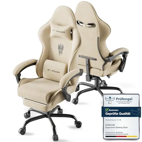 Huracan Silla de Gaming con Masaje Lumbar, reposabrazos Ajustables, Silla de Gamer, poltrona da Gaming ergonómica con reposapiés, Tela de Terciopelo, Respaldo Ajustable de 90 a 160°, 150 kg (Beige)
