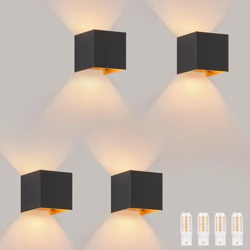 Homefire 4 Lámpara de pared LED negra - exterior LED (arriba y abajo) IP65 a prueba de agua, foco ajustable de luz blanca cálida G9, aplique de pared negro y dorado para pasillo jardín terraza entrada