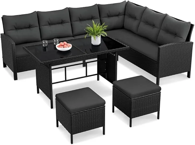 Yaheetech Juego de Muebles de Jardín 4 Piezas, Sofás de Ratán para Exterior con Mesa de Vidrio Templado Mesa y Sillas para Balcón Terraza Patio, Negro/Gris