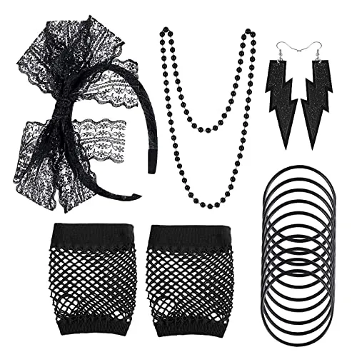 MIVAIUN 5 Accesorios 80s para Mujer, Juego de Disfraz de los Años 80, Horquilla de Encaje Collares Pendientes Pulseras Fishnet Guantes, 80s Accesorios (Negro)
