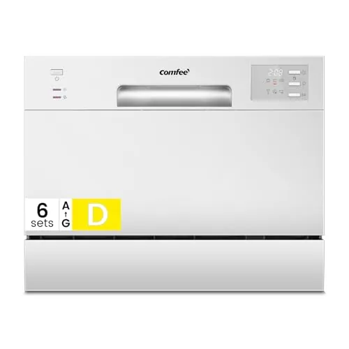 COMFEE' CDWMT0602EWD-EU Lavavajillas de Sobremesa Compacto con 6 Cubiertos, 6 Programas, Clase D, Pantalla LED, 24H Inicio Diferido, Ciclo Intensivo H-TEMP a 70 °C, 47 dB - Blanco