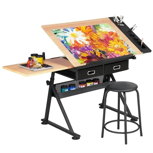 Yaheetech Mesa de Dibujo Inclinable 0-60° con Banco Ajustable Roble