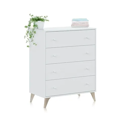 duehome | Cómoda de 4 Cajones para Dormitorio, Cajonera Dormitorio, Modelo Iconic, Acabado en Blanco Artik, Medidas: 77,5 cm (Largo) x 95 cm (Alto) x 40 cm (Fondo)