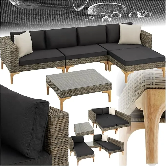 TecTake® Conjunto Jardín en Ratán y Aluminio, Cojines 8 cm, Conjunto Terraza Resistente a la Intemperie, Muebles Jardín Exterior 1 Sillón, 1 Taburete, 1 Mesa con Cristal, Fundas Extraíbles - Natural