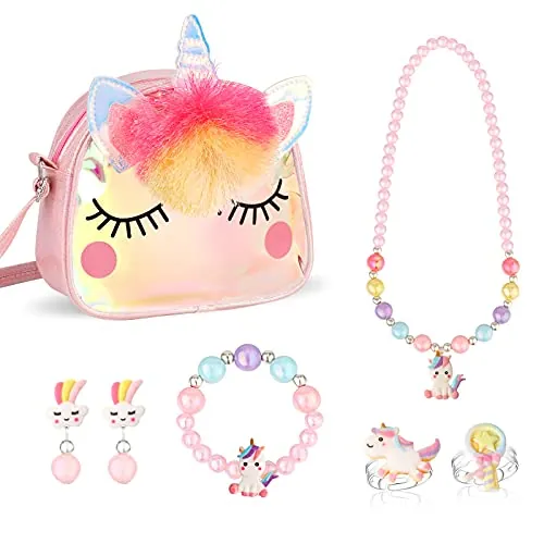 Hifot Unicornio Bolso para Niña, Unciorn Collar Pulsera Anillo Pendientes Joyas Set Princesa Joyas Fiesta Dress up Cumpleaños Regalos