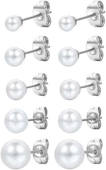 5 Pares Pendientes de Botón para Mujer en Plata de Ley 925 con Perlas de Agua Dulce, Pendientes de Perlas Blanca, Clásicos Pendientes Plata Perlas Naturales Hipoalergénicas (4-8mm)