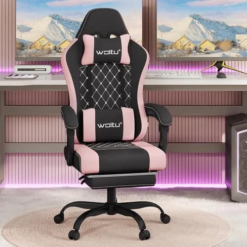 WOLTU Silla de Gaming Ergonómica, Silla Oficina con Soporte Lumbar Masaje y Reposapiés Extraible, Asiento Giratorio de Muelle, Capacidad 150 kg, Tela de Malla, Negro+Rosa