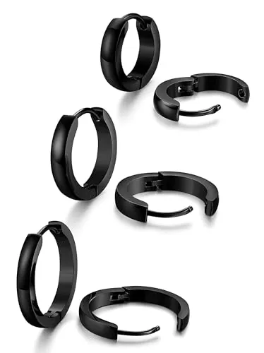 YADOCA 3 Pares Pendientes Aro Hombre Pendientes de Acero Quirurgico Hipoalergénico Negro Pendientes Aros para Hombres Mujeres 12/16/20mm