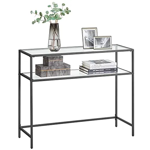 VASAGLE Mesa de Consola, Tablero de Vidrio Templado, Marco de Metal | Mesa de Entrada, Extremo del Sofá, Patas Ajustables, para Salón, Negro y Transparente, Colección BARIS LGT025B01