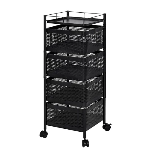 Carro auxiliar metálico con ruedas y cestas plegables ahorra espacio | Carrito cocina verdulero frutero | Estantería organizador de metal gran capacidad y bandeja superior | Estante cocina