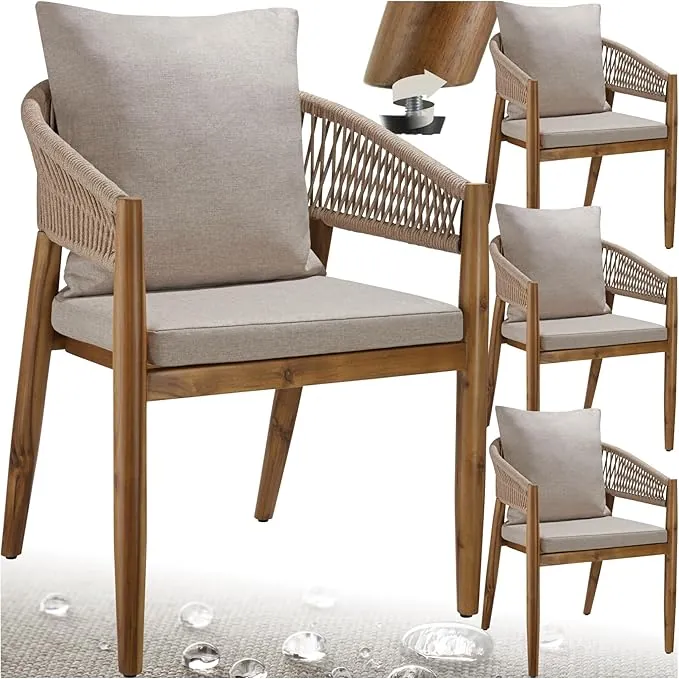 tectake® Silla de Jardín Elegante de Madera Acacia, Respaldo de Cuerda, Sillas Jardin Exterior, Cojines Desmontables, Muebles Terraza Exterior, Silla con Reposabrazos Cómoda - Set de 4 Arena