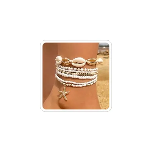CharmBurst 7PCS Tobillera de Conchas, Joyería de Playa, Boho Apilable, Perlas Elásticas, Conjunto de Joyería de Verano, Elegantes Pulseras Impermeables para Surfista