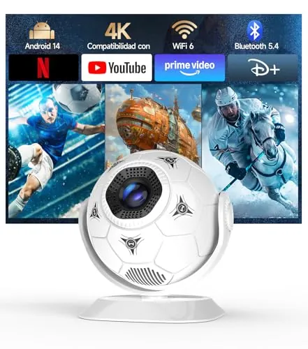 Magcubic Mini Proyector Portátil 4K 1080P Support, Diseño Fútbol 360° – Proyector Móvil Cine en Casa WiFi 6 Bluetooth 5.4, Auto Keystone, Tiro Corto, Altavoz 15W para Smart TV, Android 14 HY300F