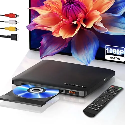 Reproductor DVD para TV Ultrafino, Reproductor DVD HDMI Compacto, Disc Player multirregión sin región Conexión HDMI RCA (Cable RCA HD Incluido), Full HD 1080P, Entrada USB, Sistema PAL/NTSC