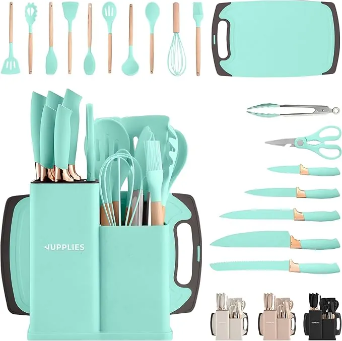JUPPLIES Juego de Utensilios de Cocina de Silicona 19 Piezas con Cuchillos, Tijeras y Tabla de Cortar – Set Antiadherente Resistente al Calor – Apto para Todas Las Ollas y Sartenes - Verde