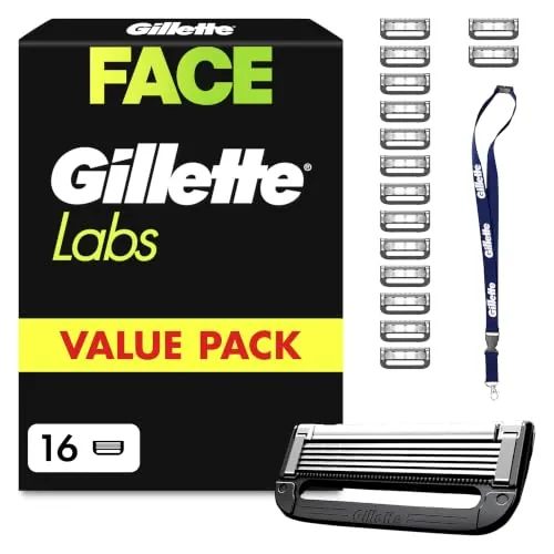 GilletteLabs Cuchillas de Afeitar Hombre, Pack de 16 + Colgante | Recambios para Maquinillas de Afeitar con 5 Hojas Y Banda Lubricante, Compatible con Todas Las Maquinillas Gillette Labs