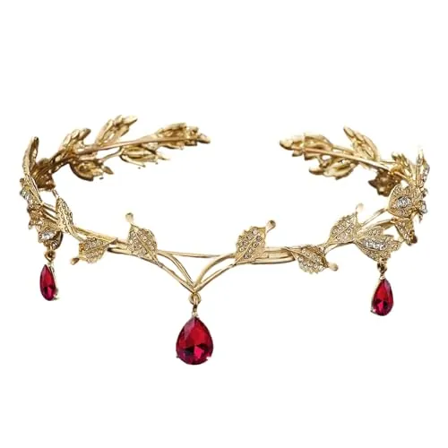 ZYEKIU Corona, Tiara Pedrería Roja, Tiaras Novia con Corona de Hojas, Tiara de Cristal de Boda, Diadema Elfo Retro, para Cosplay, Boda, Fiesta, Festival Renacentista, Navidad, Cumpleaños