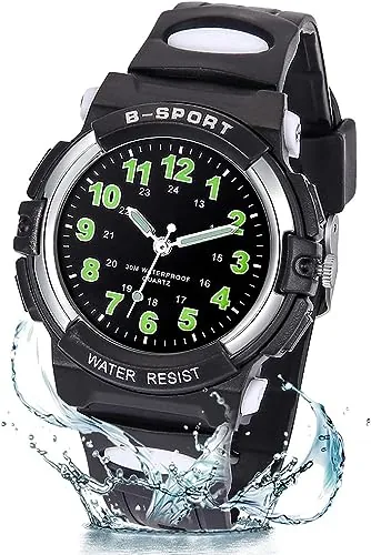 GUUMUXIN Reloj Analógico para Niños,Niña,3ATM Resistente al Agua, Fácil de Leer,Reloj de Enseñanza,Relojs de Pulsera de Banda Suave para Chico Chica (Negro)