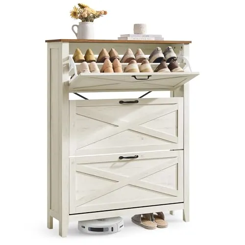 VASAGLE LIRY Colección - Mueble Zapatero, con 3 Cajones Abatibles, Zapatero Estrecho Independiente para Entrada, Estilo Rústico, para 18 a 24 Pares, Blanco Rústico HSC301W02