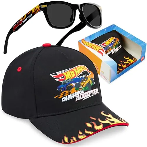 Hot Wheels Gorra y Gafas de Sol Niño 2-6 Años, Set Infantil de Verano con Protección Solar UV, Gorra con Gafas Sol, Regalo para Niños (Negro Hot Wheels)