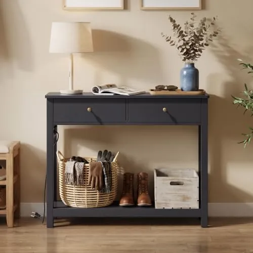 Xbro Mesa de Consola con Tomas de Corriente, Mesa de Pasillo con 2 Cajones y Estante, Mueble Recibidor Entrada para Entrada, Pasillo,Salón,100 x 30 x 80 cm,Negro