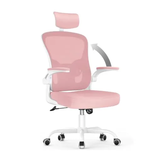 rattantree Silla de Oficina, de Escritorio Ergonómica con Reposacabezas Ajustable y Soporte Lumbar, Respaldo de Malla Transpirable, Reposabrazos Abatibles de 90°, Silla Giratoria de 360°, Rosa