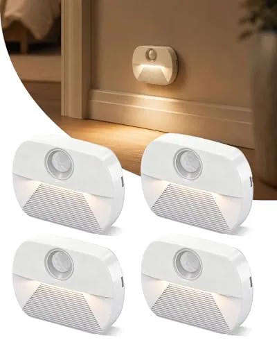AdalyRoma Luz Nocturna LED con Detector de Movimiento, 4 Unidades | Para Niños, Funciona con Pilas, Iluminación Interior para Escaleras, Sensor de Encendido/Apagado para Pasillo