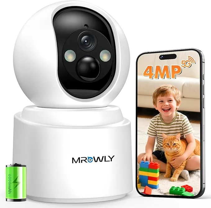 2.5K 4MP Camara Vigilancia WiFi Interior Sin Cable con Batería 6000mAh, 2.4/5GHz WiFi, 360° PTZ, Bebé/Animal/Seguridad para El Hogar, Detección PIR, Visión Nocturna Color, Conexión Bluetooth