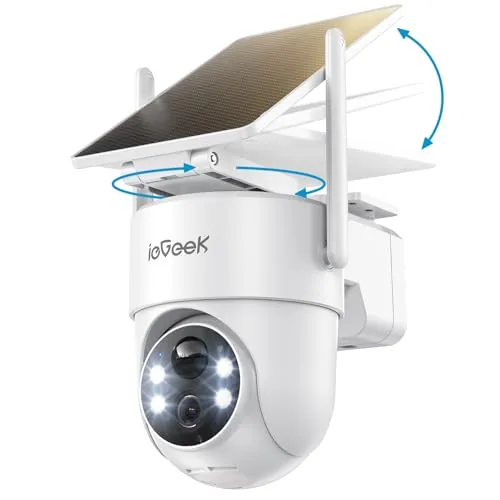ieGeek 2K/3MP Camara Vigilancia WiFi Exterior Solar, 360° PTZ | Panel Solar Integrado Desmontable, Sin Cables, Detección Humana PIR, Alerta de Peligro, Visión Nocturna Color, IP65