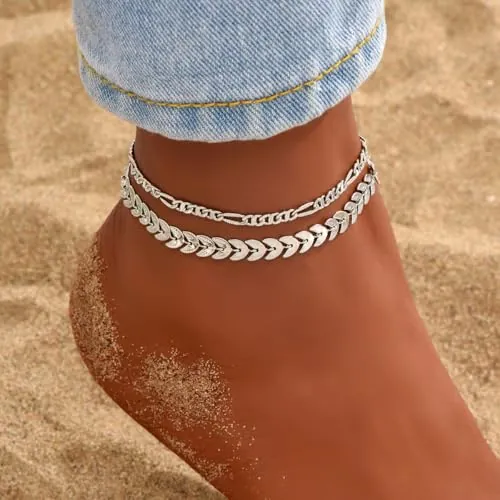 Tobillera plateada en capas para mujer, juego de tobillera de playa de doble cadena, diseño de hojas bohemias y eslabones planos, ajustable, regalo de joyería de verano