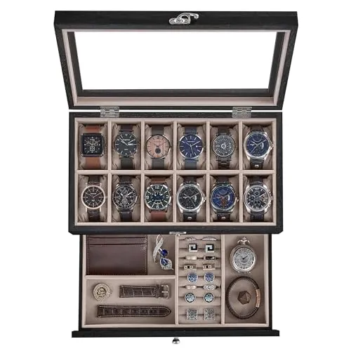 SONGMICS Caja de Relojes de Madera con 12 Ranuras, 2 Niveles