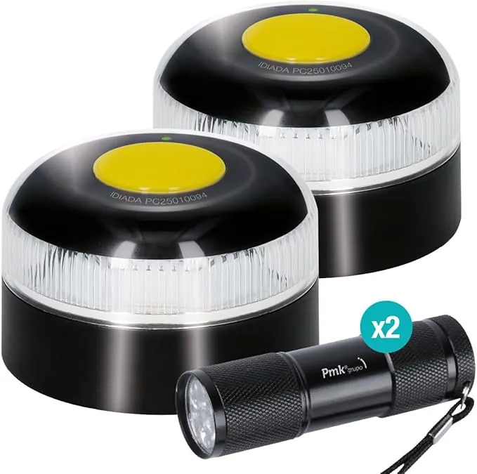 PMK GRUPO | Baliza V16 Conectada Homologada 2026 | Datos incluidos (hasta 12/2038) | Luz Emergencia LED 360º 1 km | Geolocalización GPS + SIM incluida | Conexión a DGT (Pack 2 balizas + 2 linternas)