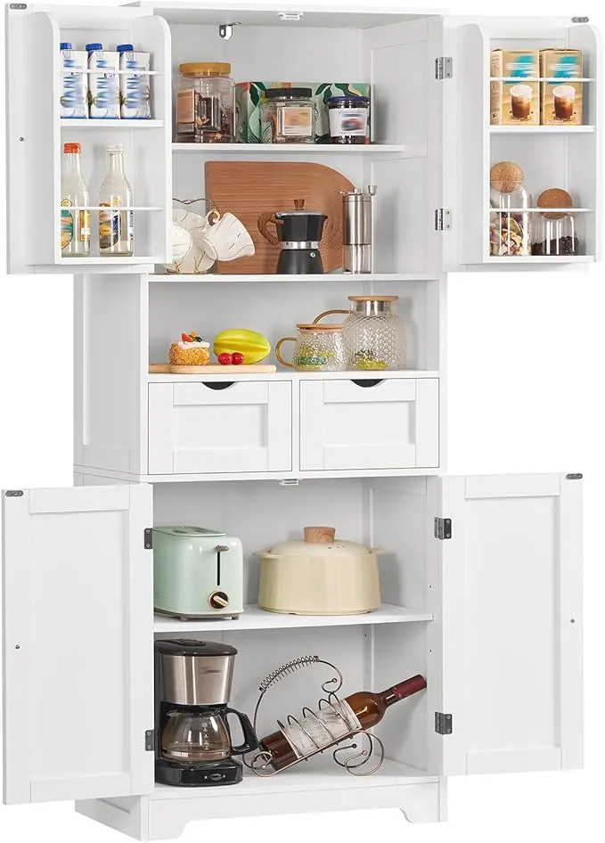 TEENFON Alacena de Cocina Alta y Despensa, Armario de 4 Puertas con 2 Cajones, Estantes Ajustables y 2 Organizadores de Puerta, Gran Armario Despensa y Aparador para Cocina, Salón, 161cm, Blanco