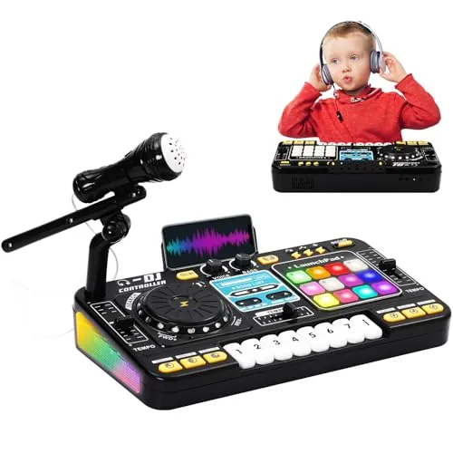 EULEUY Mesa de Mezclas DJ Infantil con Teclado Piano - Kit DJ Niños con Bluetooth, Micro y Altavoz - Piano para Niños, Instrumentos Musicales Infantiles con 12 Pistas MIDI - Regalo Niña y Niño 3 Años