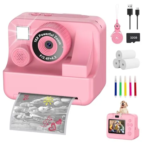 Cámara instantánea para niños con selfie 1080p Cámara instantánea con tarjeta de 32 GB y 3 rollos de papel de impresión, cámara para niños, juguetes para niños, regalos para