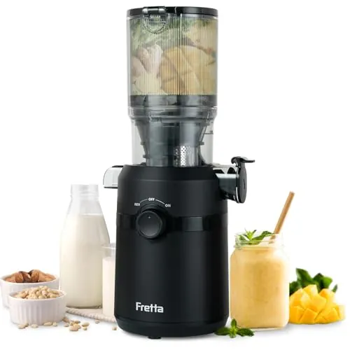 Fretta Extractor de Zumos y Verduras, Apertura de 108MM y Capacidad de 1L, Licuadora Prensado en Frio para Verduras Frutas Enteras,200W Slow Juicer Machine,Fácil Montaje y Limpieza,Sin BPA(Negro Mate)