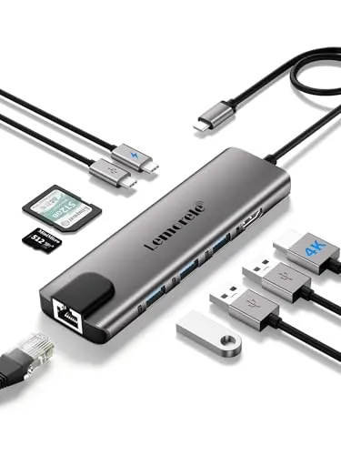 Lemorele Hub USB-C 9 en 1 de Aluminio, HDMI, Gigabit Ethernet, PD 100W | 2 USB-A 3.0 + USB-A 2.0, USB-C datos y SD/TF; para portátil, almacenamiento y periféricos en Windows y MacBook