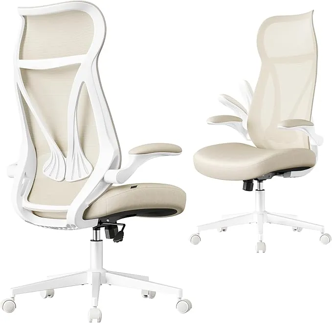 SONGMICS Silla de Oficina, Silla Giratoria de Escritorio, Respaldo Ergonómico, Altura Ajustable, Reposabrazos Abatibles, con Reposacabezas, Carga de 150 kg, Beige Capuchino OBN088K01