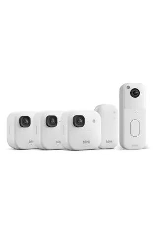 Cámara exterior 2K+ Blink + Videotimbre Blink adicional — cámara de seguridad inteligente inalámbrica, resolución de vídeo 2K, módulo de sincronización básico Incluido: sistema de 3 cámaras, Blanco