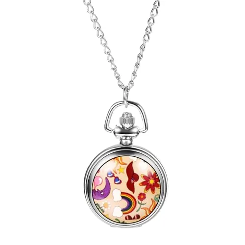 JewelryWe Reloj Bolsillo Moda Mujer: Reloj de Bolsillo de Cuarzo Analógico Girasol Arco Iris Decoración Patrón Cadena Jumper Esfera de Números Arabes - para Uso Diario Colección Regalo