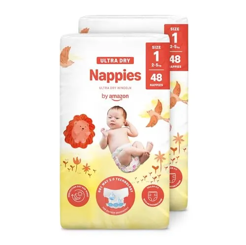 By Amazon Pañales Ultrasecos, Talla 1 (de 2 a 5kg), 96 Unidades (2 Paquetes de 48)