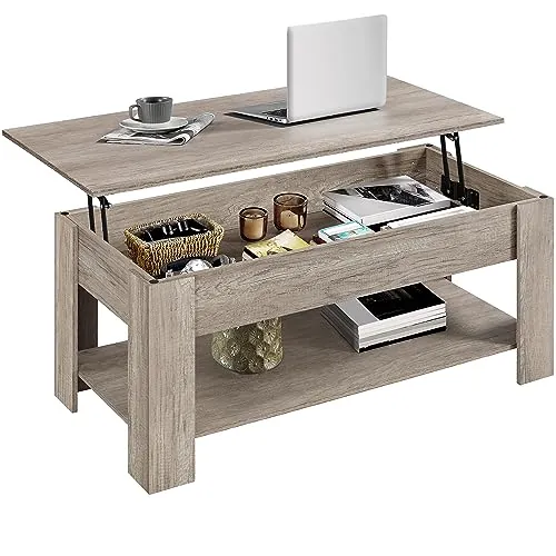 Yaheetech Mesa Centro Elevable con Estante Mesa Café con Revistero Mesa Comedor de Industrial para Salón 120 x 59 x 49,5 cm Gris