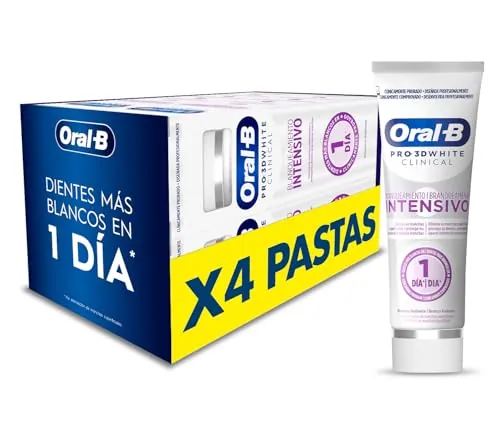 Oral-B Pro 3D White Clinical Blanqueamiento Intensivo Pasta de Dientes Blanqueadora, Elimina Las Manchas Superficiales, Dentífrico Blanqueante con Sabor a Menta Siempreverde, 75 ml (Paquete de 4)