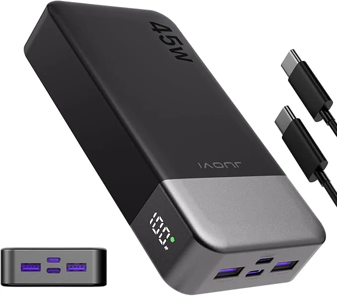 Banco de energía JUOVI Carga rápida, 20000mAh 45W Cargador portátil, Samsung Super Carga rápida con Pantalla LED Cargador de teléfono portátil, USB C Power Bank para MacBook, para iPhone 15 14 13 Pro