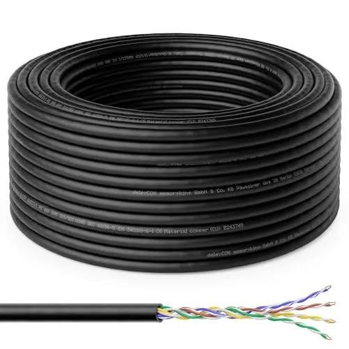 deleyCON 100m CAT6 Cable Instalación Outdoor Red 1000 Mbit GIGABIT - Cobre (CU) Rígido Cable Instalación LAN Ethernet Datos Exterior Resistente Clima Jardín Terraza Taller