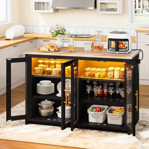 YITAHOME Isla de Cocina con Toma de Corriente y Luces LED, Mesa de Desayuno con Espacio para Sentarse, armarios Dobles con Puertas acrílicas, Armario Ajustable de Tres Capas, 130 x 60 x 88,5 cm