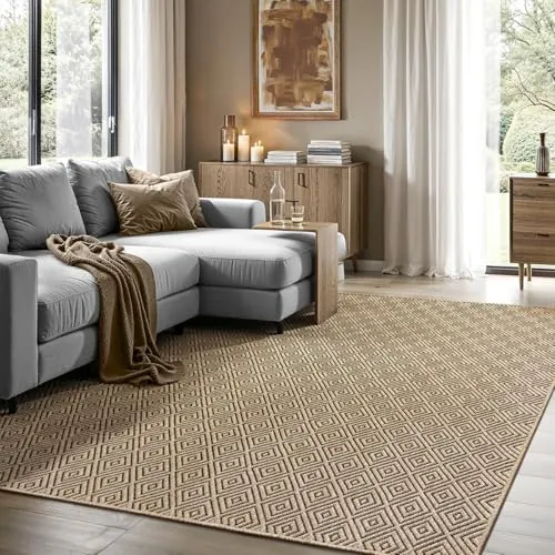 the carpet Kansas - Alfombra para Exterior e Interior con Aspecto de Yute Natural, Resistente a la Intemperie, Apta para Patio y jardín, Naturaleza, 200 x 290 cm