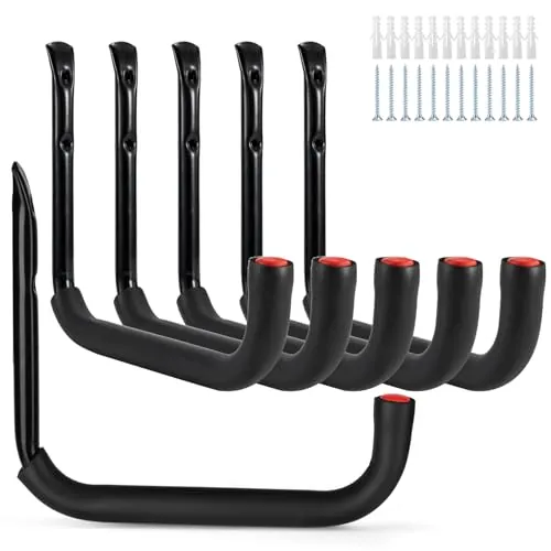 Sinoer Ganchos de Garaje, 6 Perchas de Almacenamiento Para Montaje en Pared Con Brazo Jumbo de 9.8 Pulgadas, Resistentes Para Herramientas y Jardín
